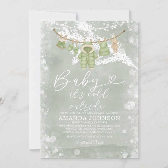 Invitation Clothesline Sage Vert Froid Dehors Baby shower (Devant)
