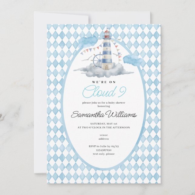 Invitation Cloud 9 Baby shower d'aquarelle du phare nautique (Devant)