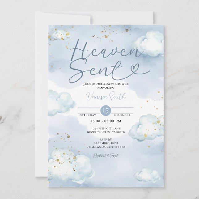Invitation Cloud Heaven Sent Baby Shower Gold Glitter (Devant)