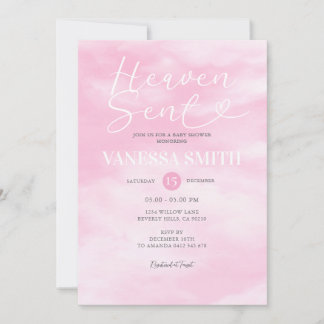 Invitation Cloud Heaven Sent Baby Shower Pink Watercolor