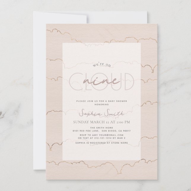 Invitation Cloud Lined 9 Ciel rose Aquarelle Baby shower fill (Devant)