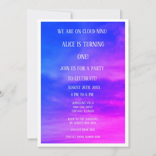 Invitation Cloud Neuf 1er Anniversaire QR Code Rose Bleu (Devant)