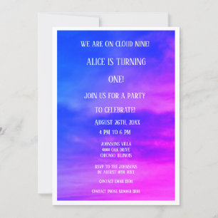 Invitation Cloud Neuf 1er Anniversaire QR Code Rose Bleu