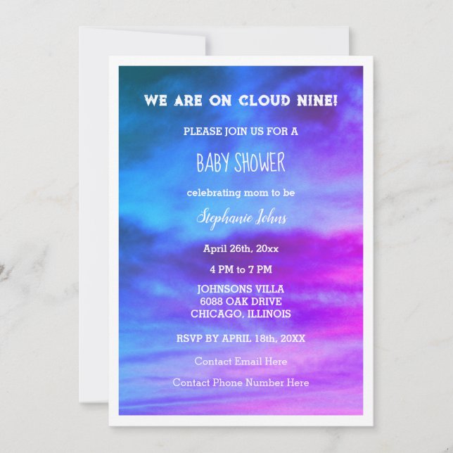 Invitation Cloud Neuf Baby shower fille couleur rose bleu Art (Devant)