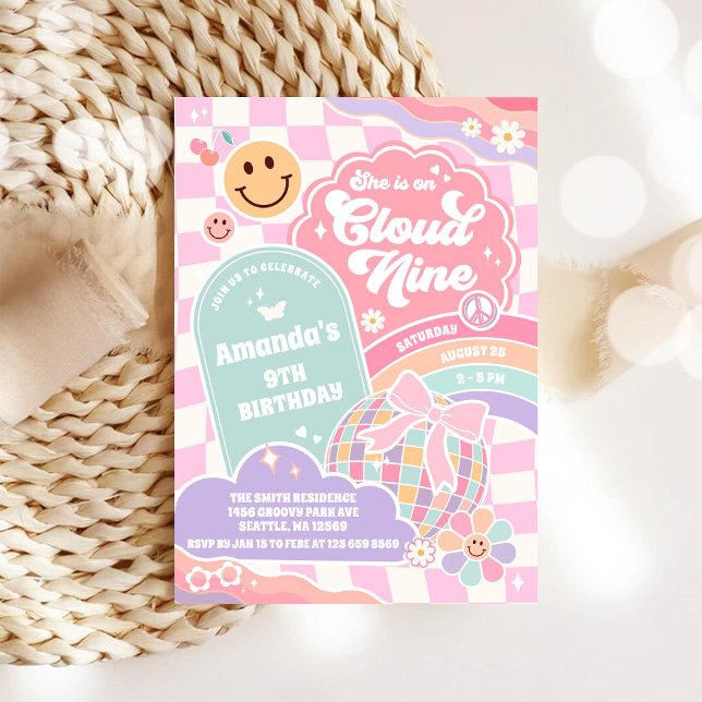 Invitation Cloud Nine Retro Groovy Daisy 9th Birthday Invitat (Créateur téléchargé)