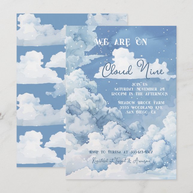 Invitation Cloud Nine Sky baby shower (Devant / Derrière)