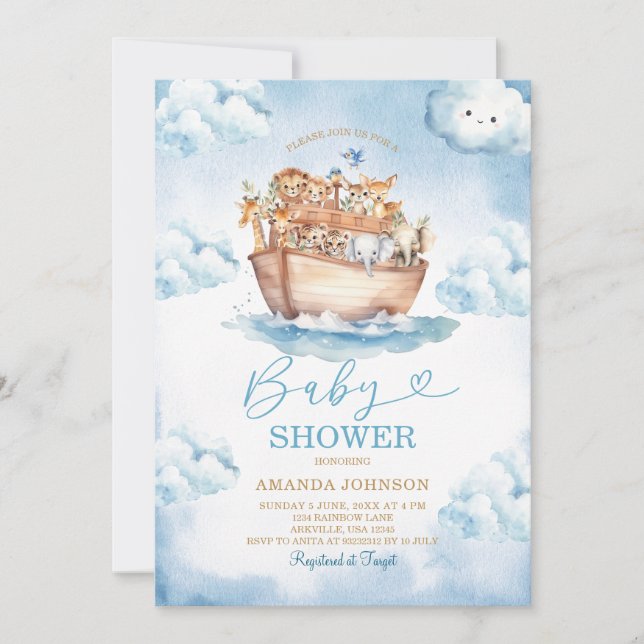 Invitation Cloud Noah's Ark Light Blue Baby Shower (Devant)
