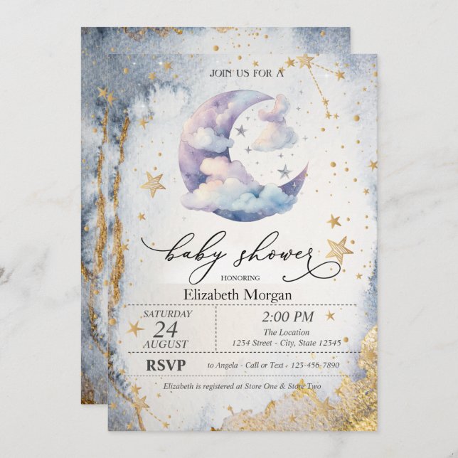 Invitation Clouds Moon,Stars Watercolor Baby Shower  (Devant / Derrière)