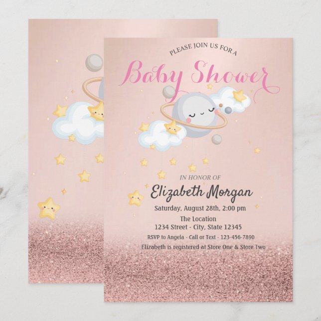 Invitation Clous Stars Planet Rose Gold Bokeh Baby shower (Devant / Derrière)