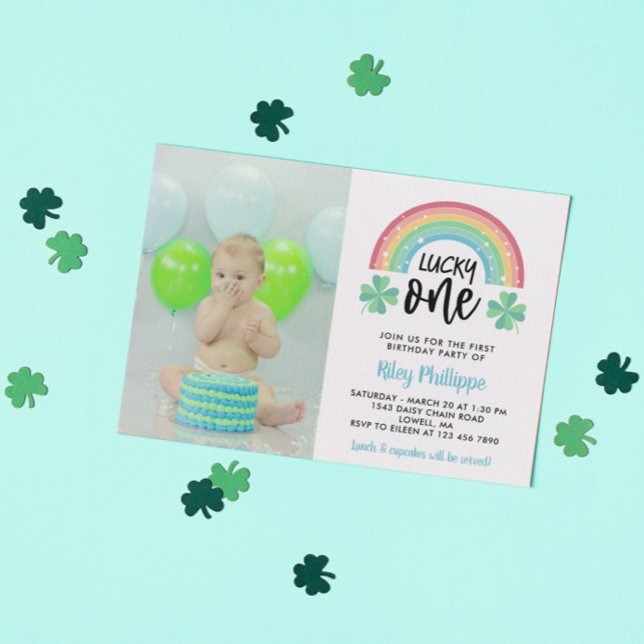 Invitation Clover bleu Arc en ciel Lucky One Photo 1er annive (Créateur téléchargé)