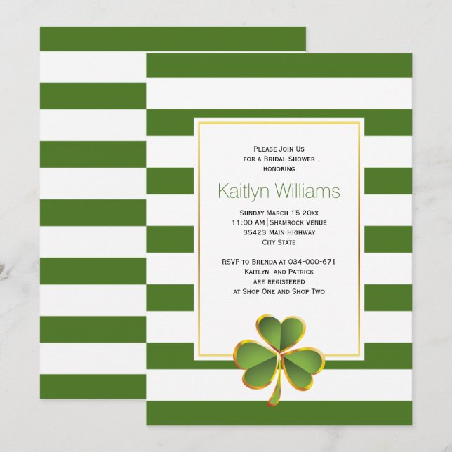 Invitation Clover, rayures vertes Irlandais mariage douche nu (Devant / Derrière)