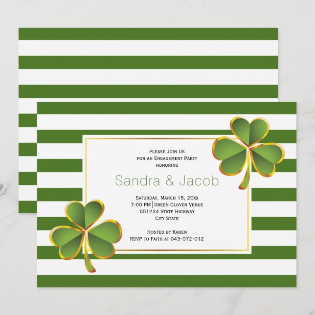 Invitation Clover vert, fête de fiançailles mariages rayées (Devant / Derrière)