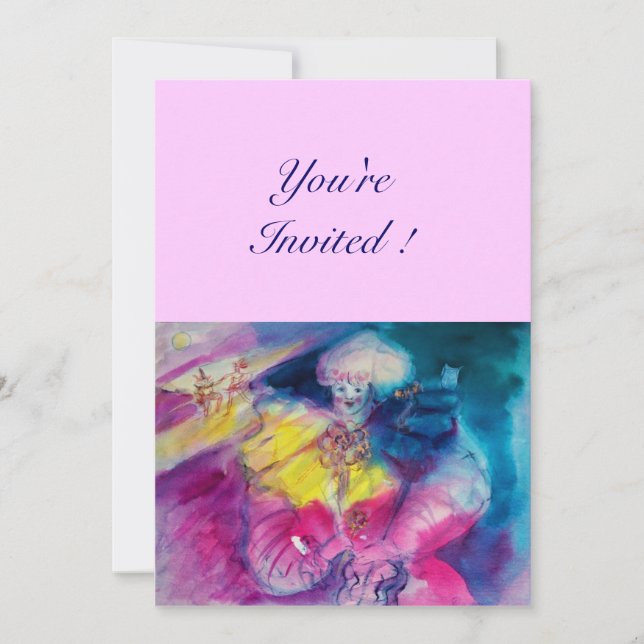 Invitation CLOWN AVEC HIBOU ET VIOLON ,jaune, rose bleu (Devant)