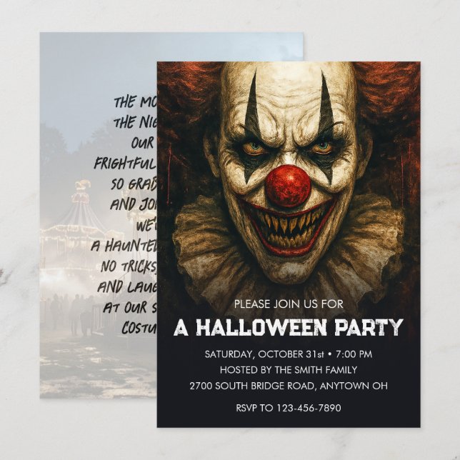 Invitation Clown Carnaval des cris Parti d'Halloween (Devant / Derrière)