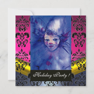 Invitation CLOWN EN PURPLE ROSE, BLACK DAMASK MONOGRAM bleu