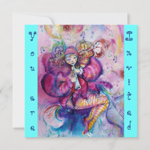 Invitation CLOWN MUSICAL, bleu rose turquoise bleu