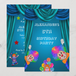 Invitation Clowns Espiègles 5ème Anniversaire Garçon Double F