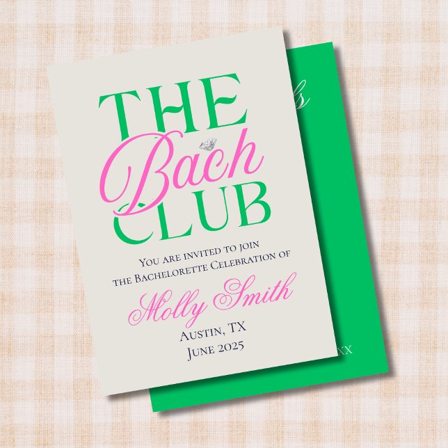 Invitation Club Bach Simple Moderne Rose Vert Enterrement de  (The Bach Club invite with modern serif font – perfect for engagement or bridal celebrations!)