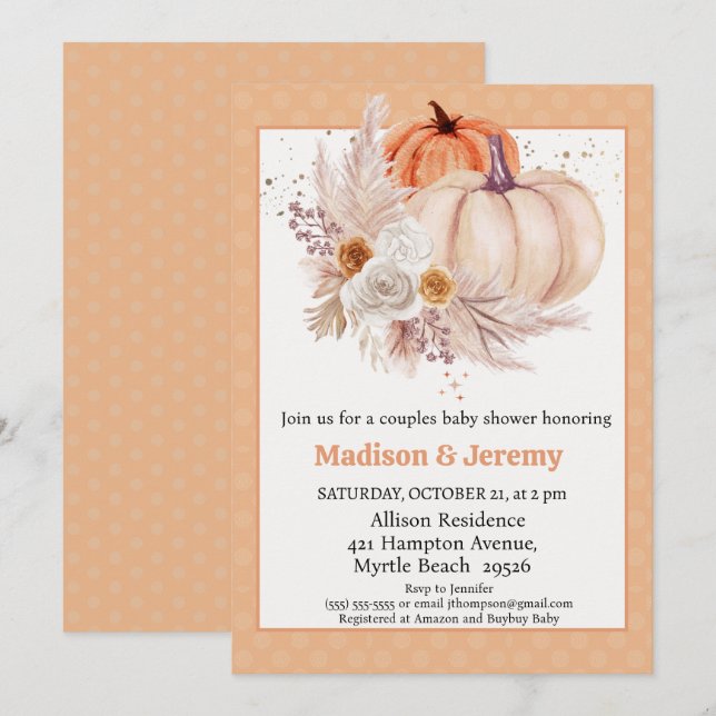 Invitation Co Ed Citrouilles Boho Baby shower neutre pour les (Devant / Derrière)