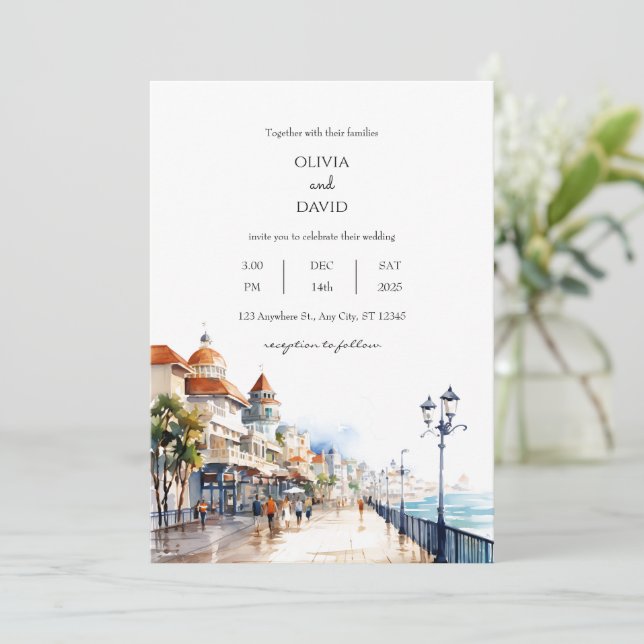 Invitation Coastal Beach Boardwalk Town City Scene mariage (Debout devant)