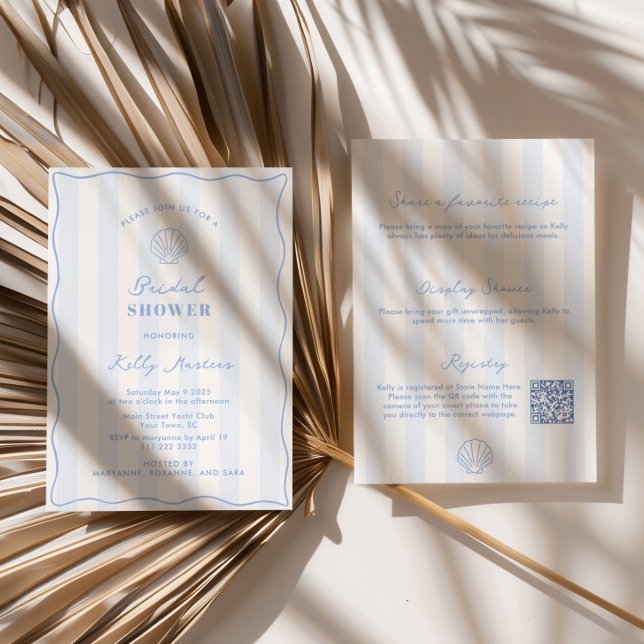 Invitation Coastal Blue And White Bridal Shower (Elegant and understated coastal themed double-sided bridal shower invitation with QR code)