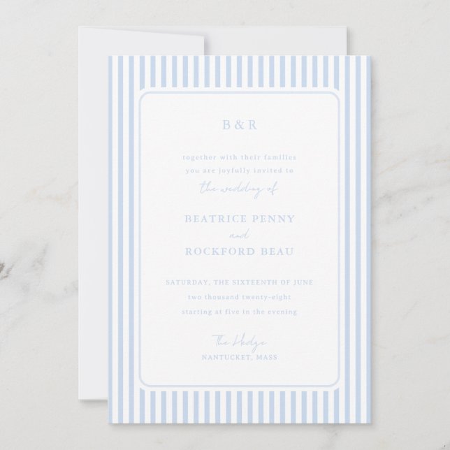 Invitation Coastal Blue Classic Stripes Minimalist Wedding (Devant)