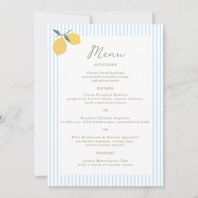 Invitation Coastal Blue Lemon Amalfi Wedding Menu Card (Devant)