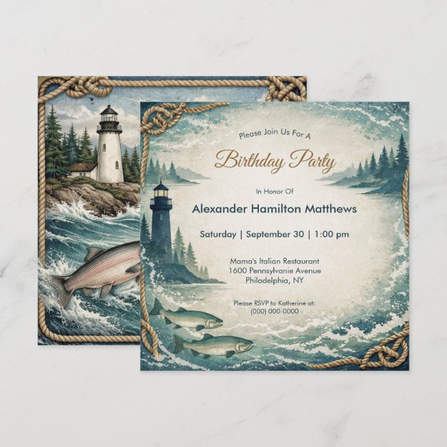 Invitation Coastal Blue Maritime Birthday Party (Devant / Derrière)