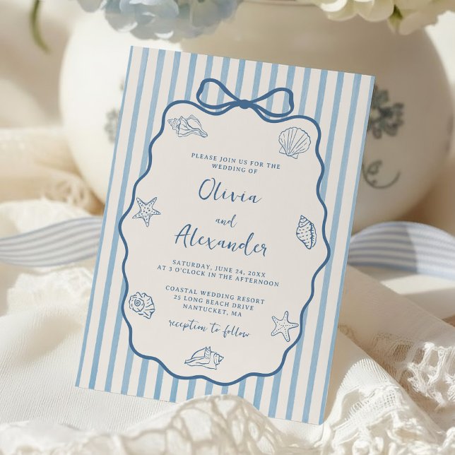 Invitation Coastal Blue Stripe Whimsical Hand Drawn Wedding (Créateur téléchargé)