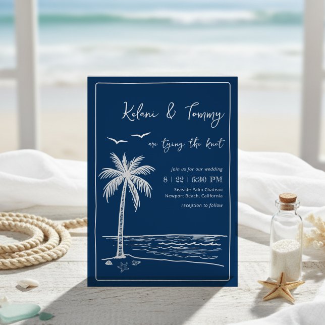 Invitation Coastal Blues Palm Tree Beach Wedding  (Créateur téléchargé)