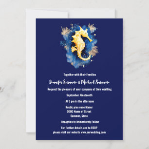 Invitation Coastal chic bleu orange seahorse 3D océan plage