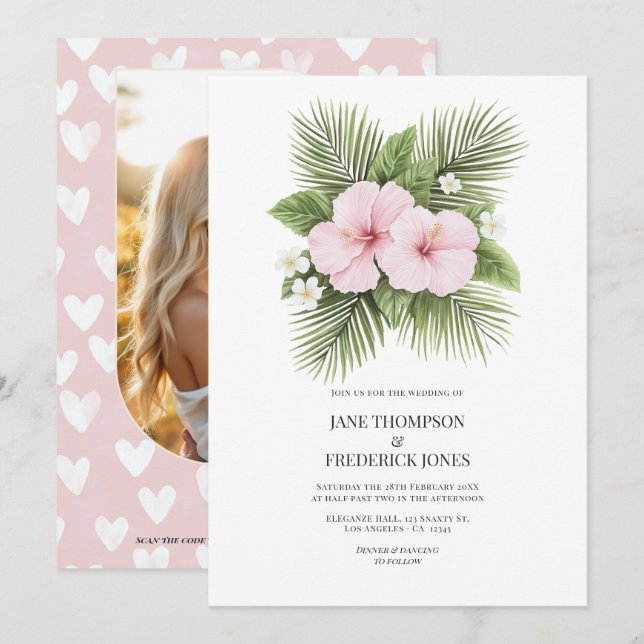Invitation Coastal Chic Tropical Floral Wedding Photo QR Code (Devant / Derrière)