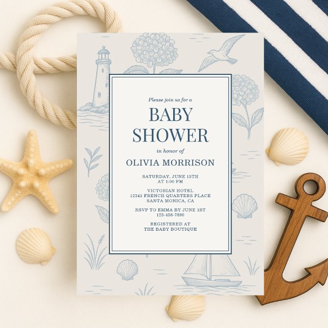 Invitation Coastal French Toile Blue Floral Baby Shower (Créateur téléchargé)