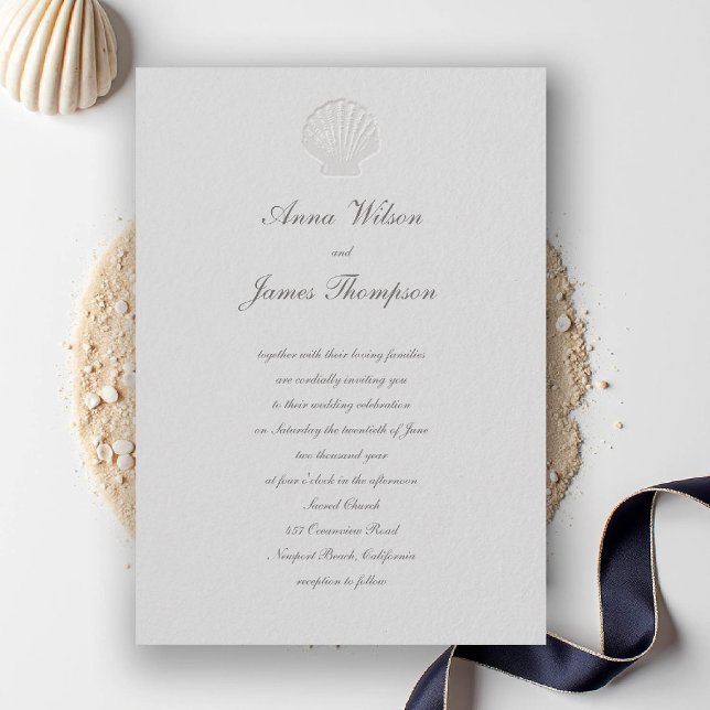 Invitation Coastal Nautical Seashell Classic Script Mariage (nautical coastal wedding invitation modern classic formal traditional script elegant shell ivory)