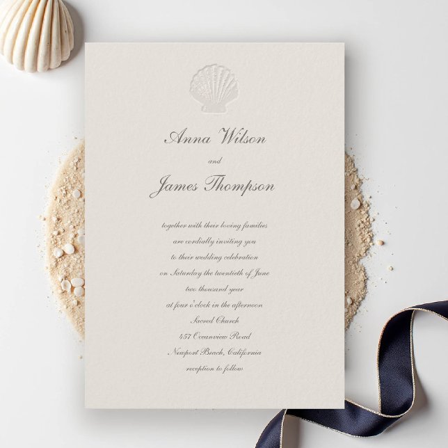 Invitation Coastal Nautical Shell Classic Script Ecru Mariage (nautical coastal wedding invitation modern classic formal traditional script elegant shell ecru)