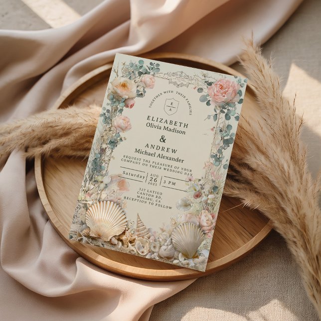 Invitation Coastal Seashell Botanical Wedding (Créateur téléchargé)