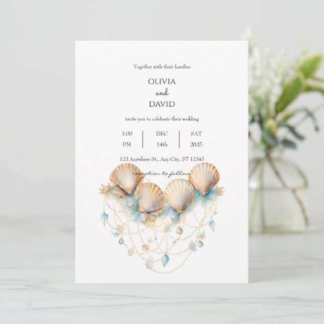 Invitation Coastal Seashell Garland Decor Beach Wedding (Debout devant)