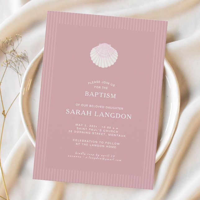 Invitation Coastal shell dusty pink striped baptism Invitatio (Créateur téléchargé)