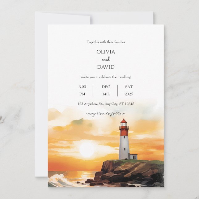Invitation Coastal Sunset Waves Lighthouse Beach Mariage (Devant)