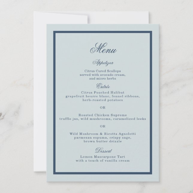 Invitation Coastal Wedding Dusty Blue Classic Menu Card (Devant)