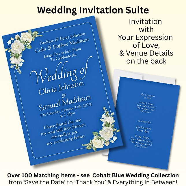 Invitation Cobalt Bleu et blanc Roses Mariage (Créateur téléchargé)