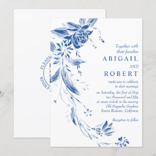 Invitation Cobalt bleu floral garland code QR mariage