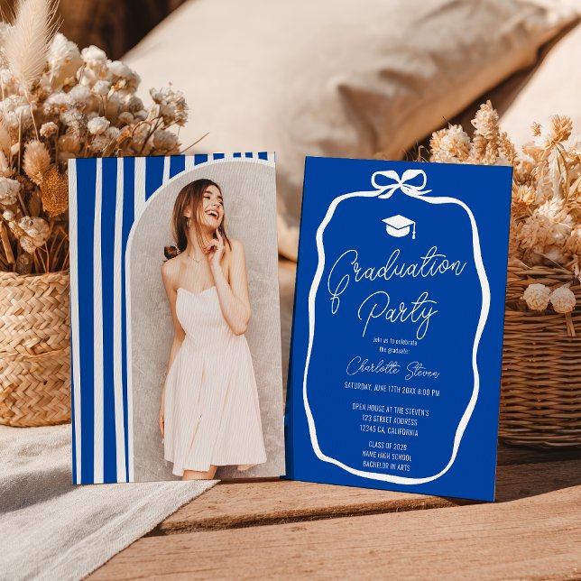 Invitation Cobalt Blue Coquette Bow photo graduation (Cobalt Blue Coquette Bow photo graduation Invitation)