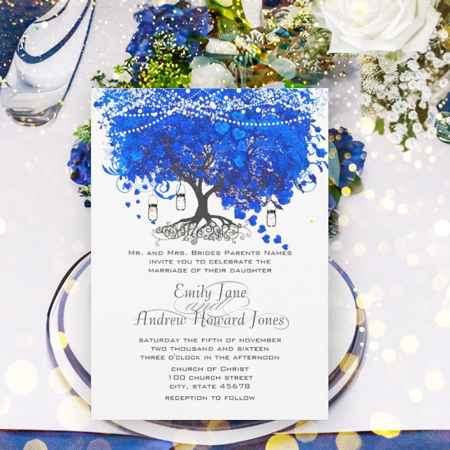 Invitation Cobalt Blue Heart Leaf Tree Mariage (Créateur téléchargé)