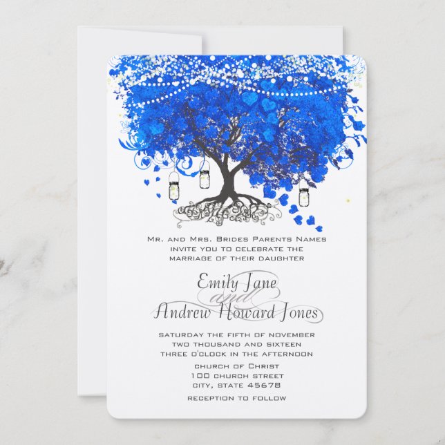 Invitation Cobalt Blue Heart Leaf Tree Mariage (Devant)
