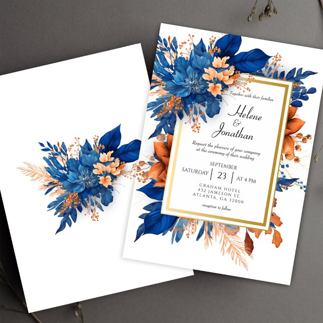 Invitation Cobalt Blue Orange Terracotta Boho Elégant Mariage (Cobalt Blue Orange Terracotta Boho Elegant Wedding Invitation)