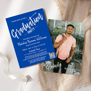 Invitation Cobalt Blue QR Code moderne Photo Graduation Party
