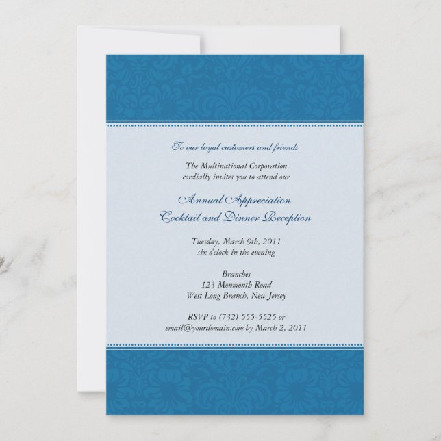 Invitation Cobalt d'entreprise de damassé (Devant)