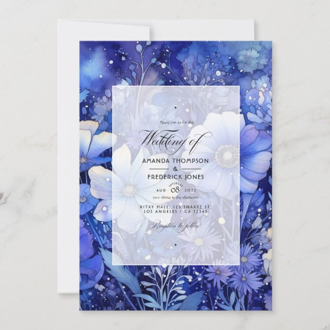 Invitation Cobalt galactique et Mariage floral argenté (Devant)
