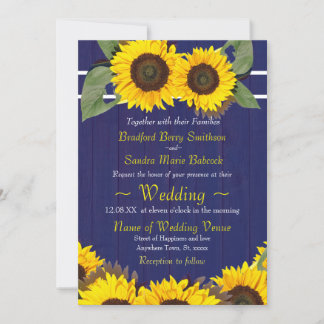Invitation Cobalt Marine Bleu Bois Tournesol Rustique Mariage